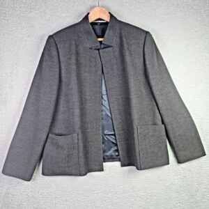 Linda Allard Ellen Tracy Womens Open Blazer 12 Gray Chevron Wool Standing Notch